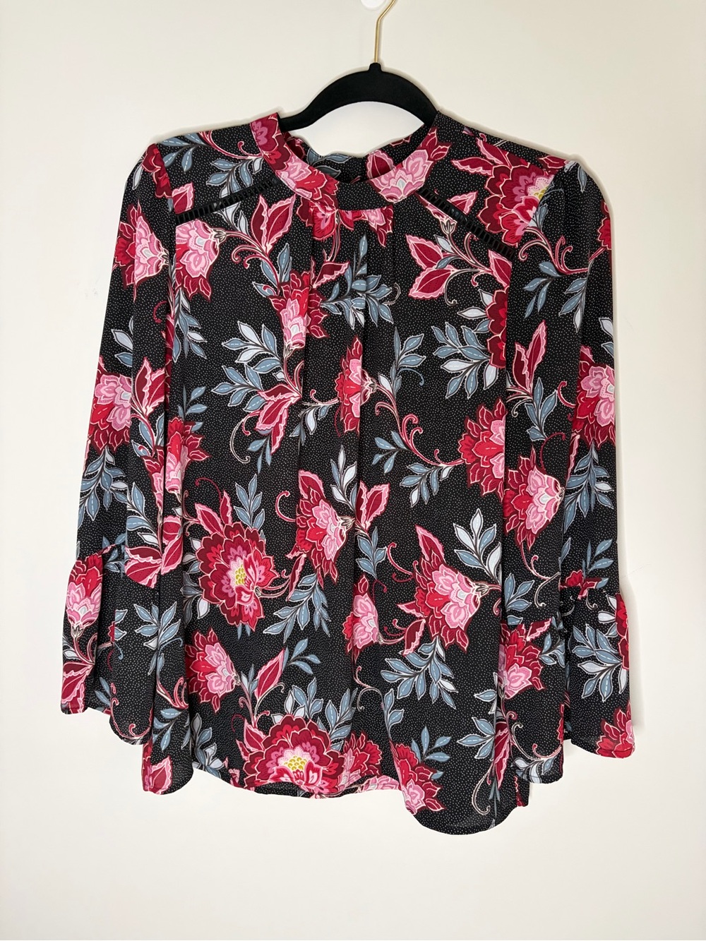LOFT Black Blouse with Pink Floral Print and Flowy Sleeves